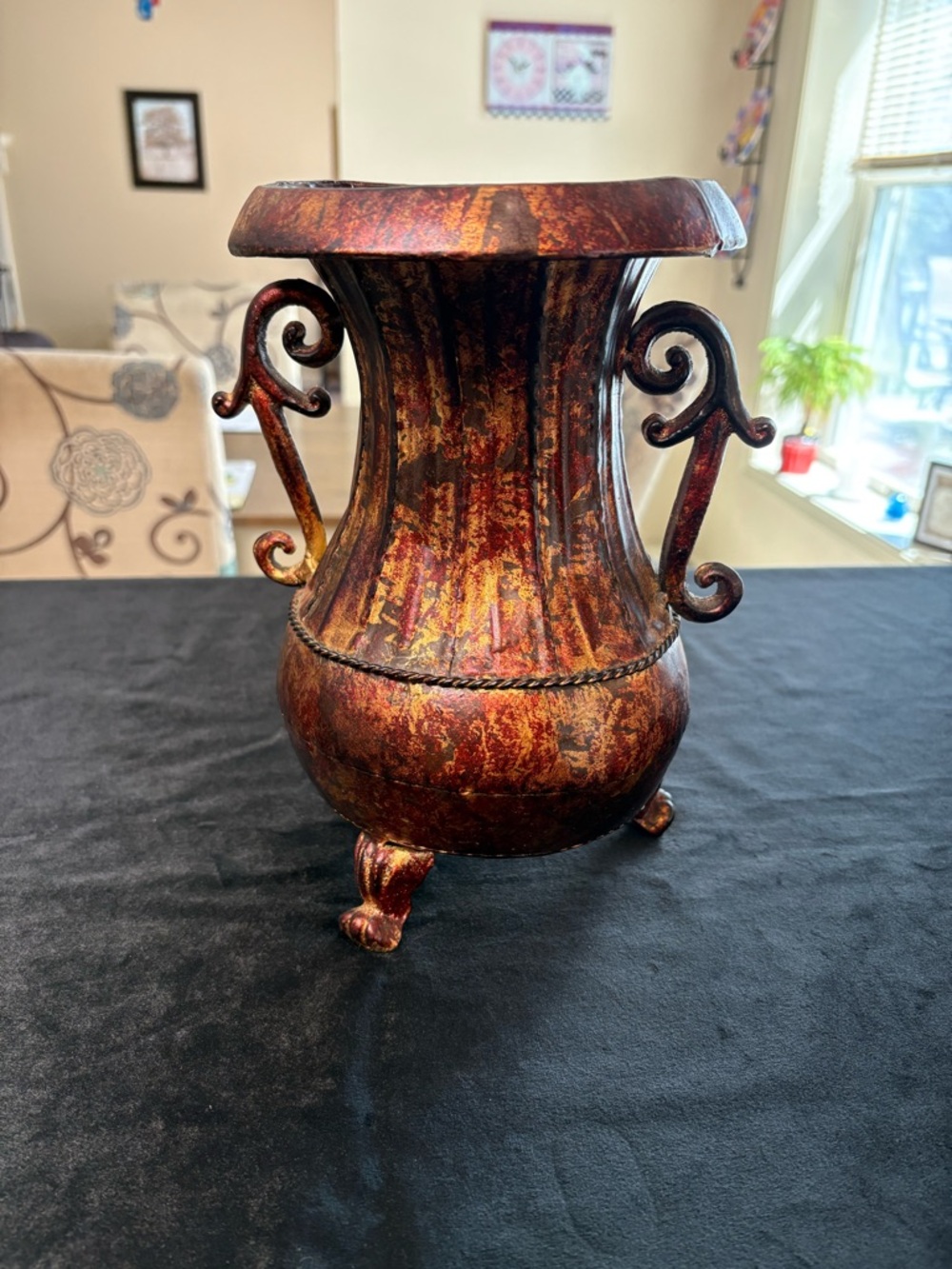Antique-Style Metal Decorative Vase Featuring Ornate Handles